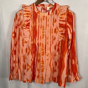 Samant Chauhan Blouse Tie Dye Ruffle Pintuck Orange Pink Women Size S NWT